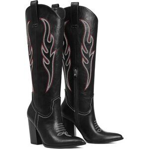 Women's Black Pu Rhinestones Embroidered Pointed Toe Chunky Heel Knee High Boots